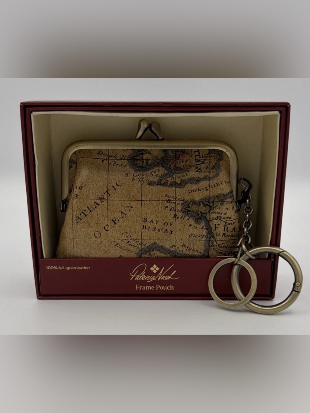 Patricia Nash Map-Print Frame Pouch in Tan and Dark Brown - Lock Purse Key Chain